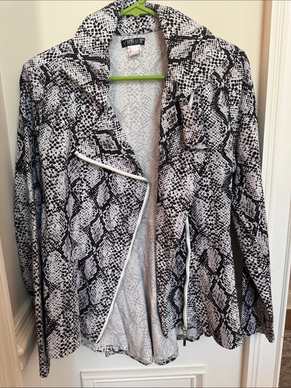 VENUS Black and White Snake-Print Moto Jacket